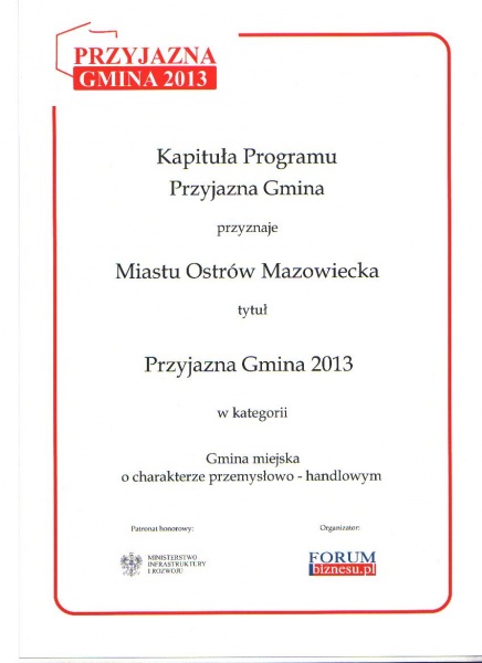 Dyplom Przyjazna Gmina 2013 dla Ostrowi Mazowieckiej